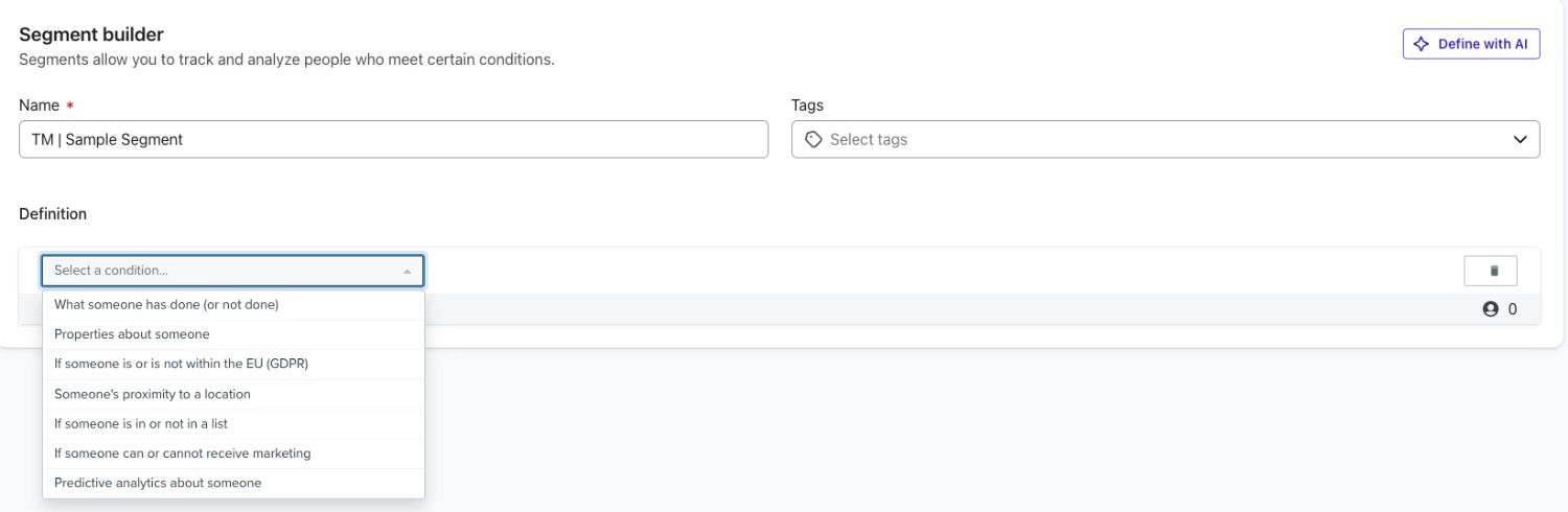 Build Segments in Klaviyo (Segment Builder): A screenshot of Klaviyo's "Segment Builder" interface with fields to name the segment, add tags, and define conditions. The condition dropdown includes options like actions, properties, GDPR compliance, proximity, and predictive analytics.