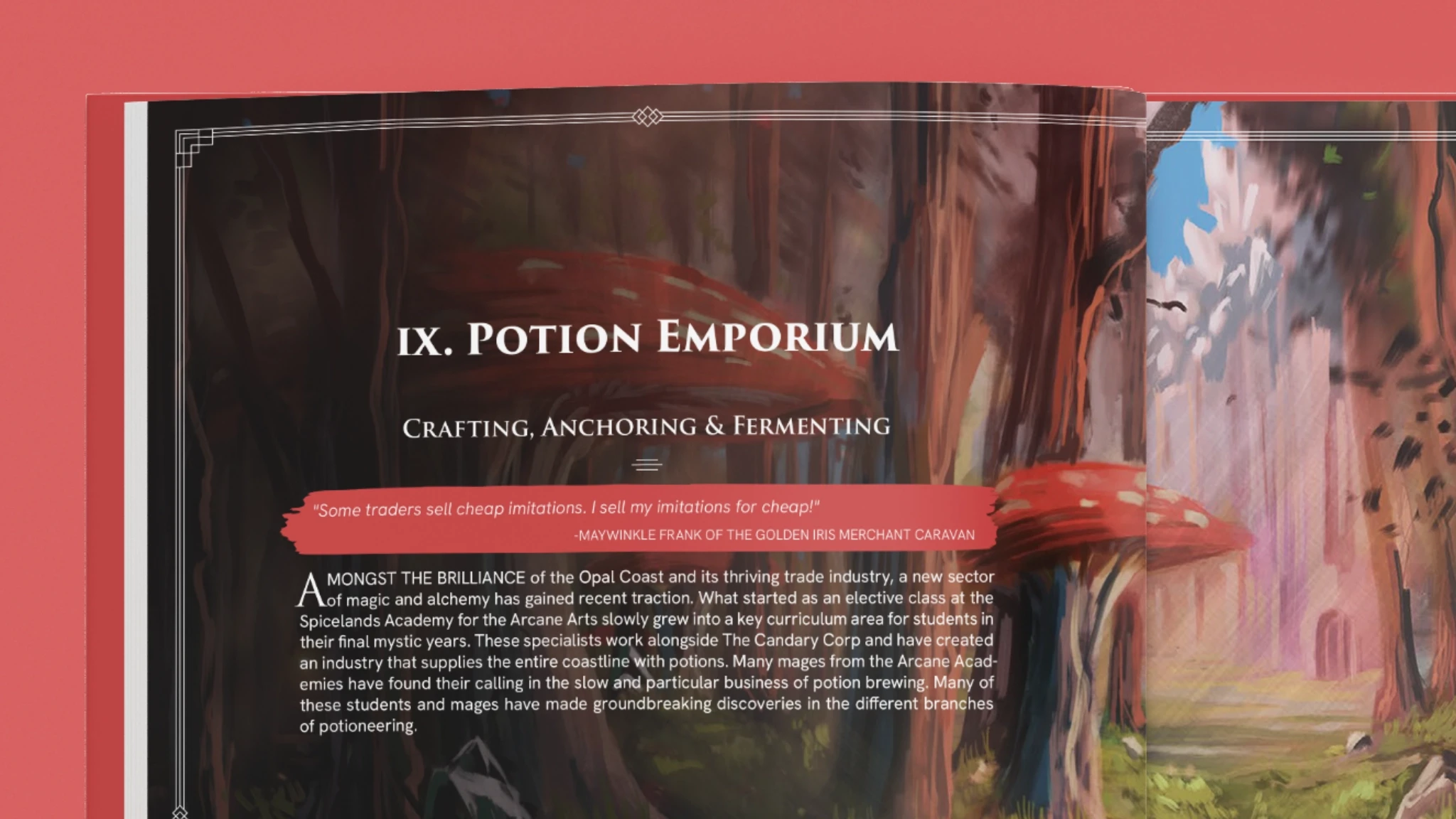 Book open to a spread featuring artwork of an enchanted forest.