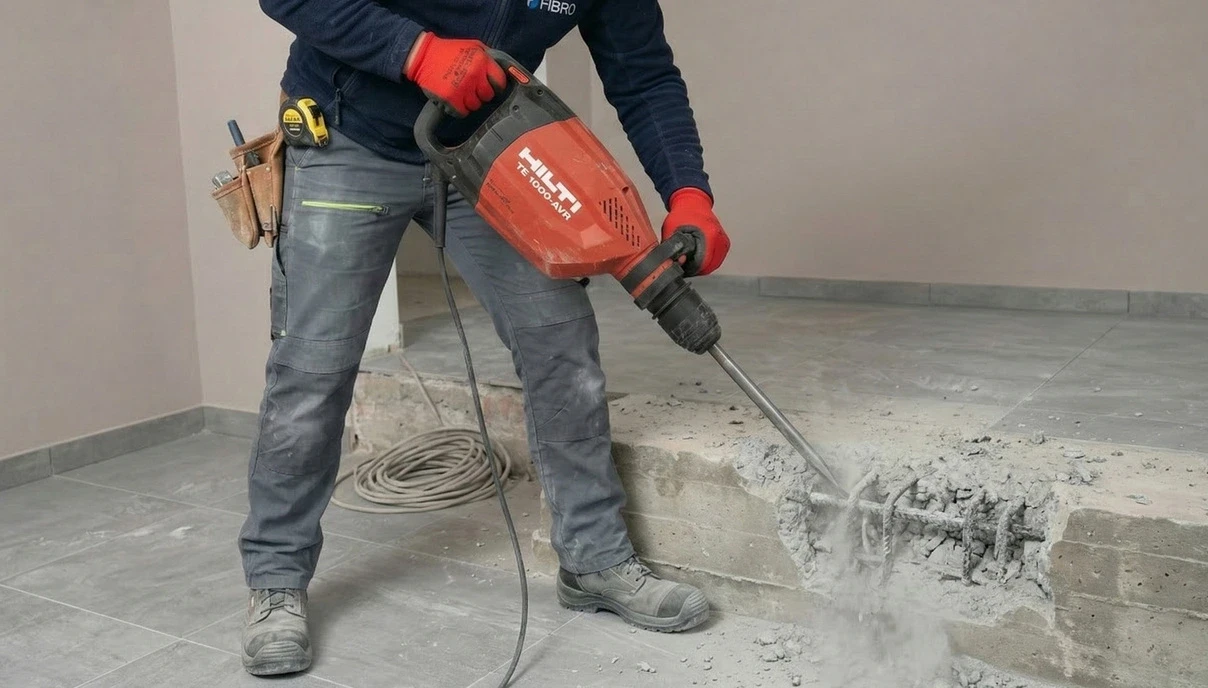 Arbeiter mit Bohrhammer bei Abbrucharbeiten im Innenbereich eines Gebäudes