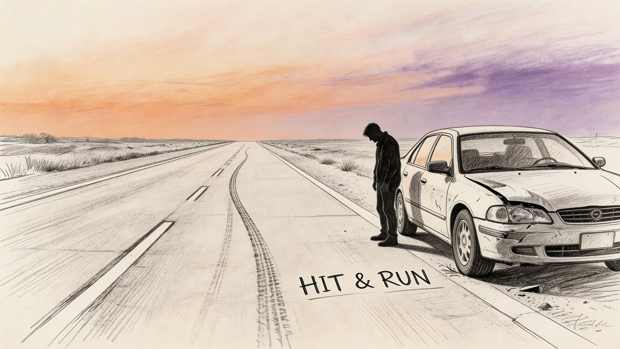 A distressed man stands next to his damaged car on a desolate road at sunset.