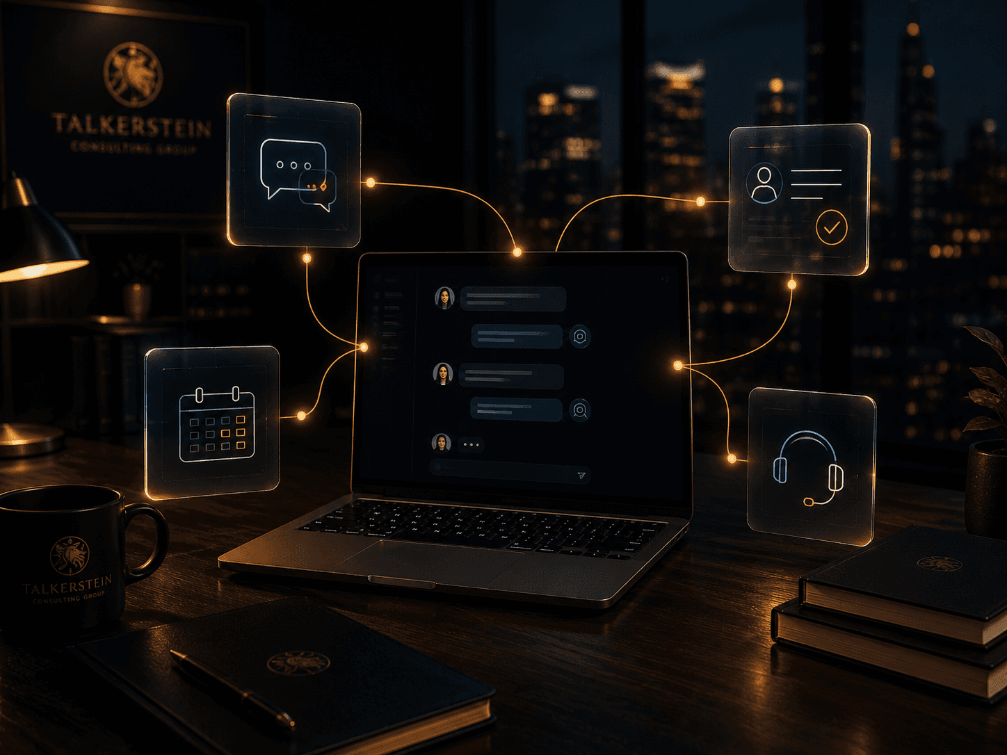 AI-powered content repurposing workflow showing a central article on a laptop automatically branching into multiple content formats including social media, newsletters, LinkedIn posts, and website content through connected publishing pathways.