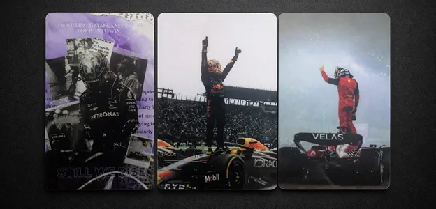 Motorsport wall art collection featuring iconic Formula 1 drivers Lewis Hamilton, Max Verstappen, and Charles Leclerc.