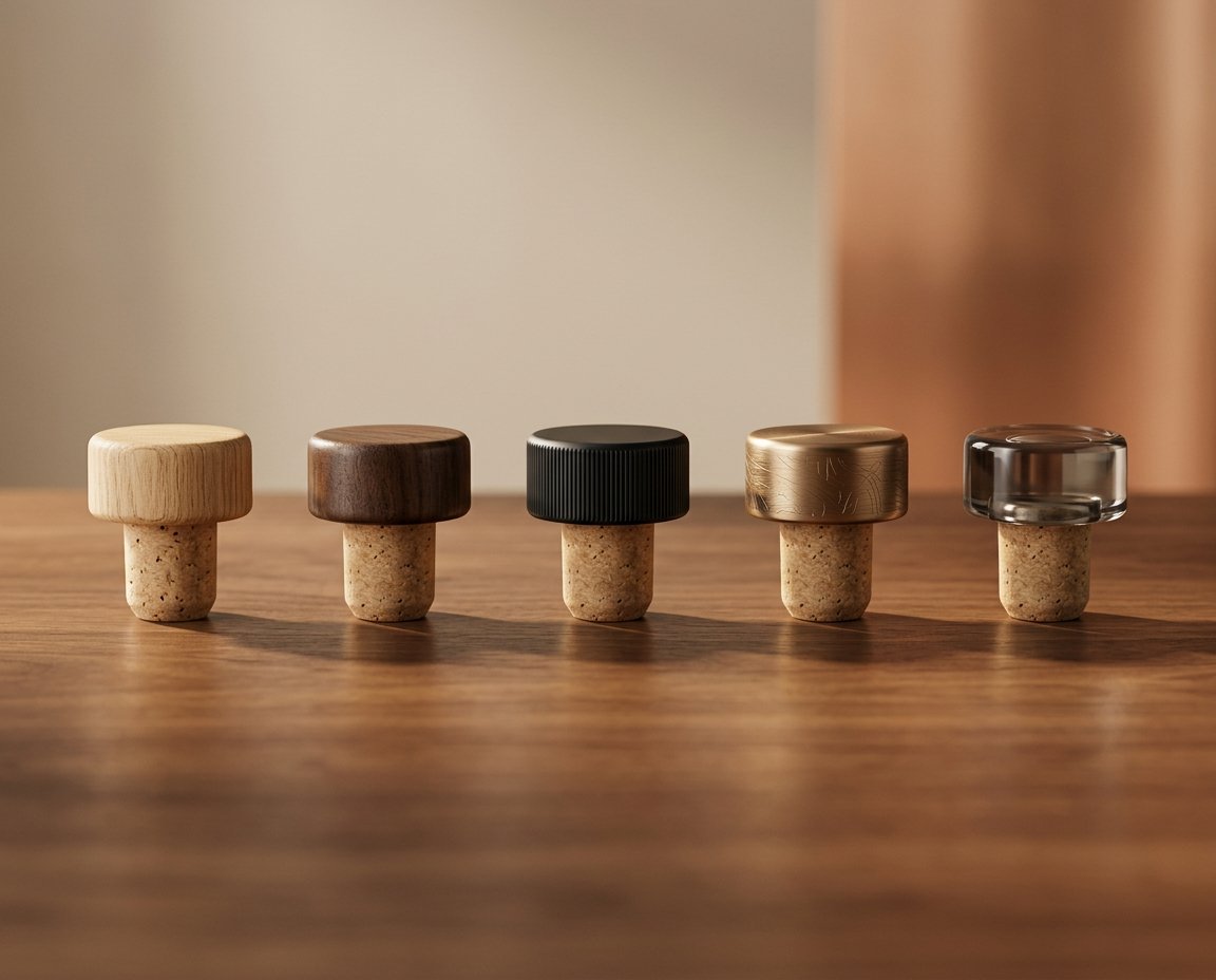 Assorted premium bottle closures on display, featuring T-top stoppers and cork stoppers for luxury spirits packaging.