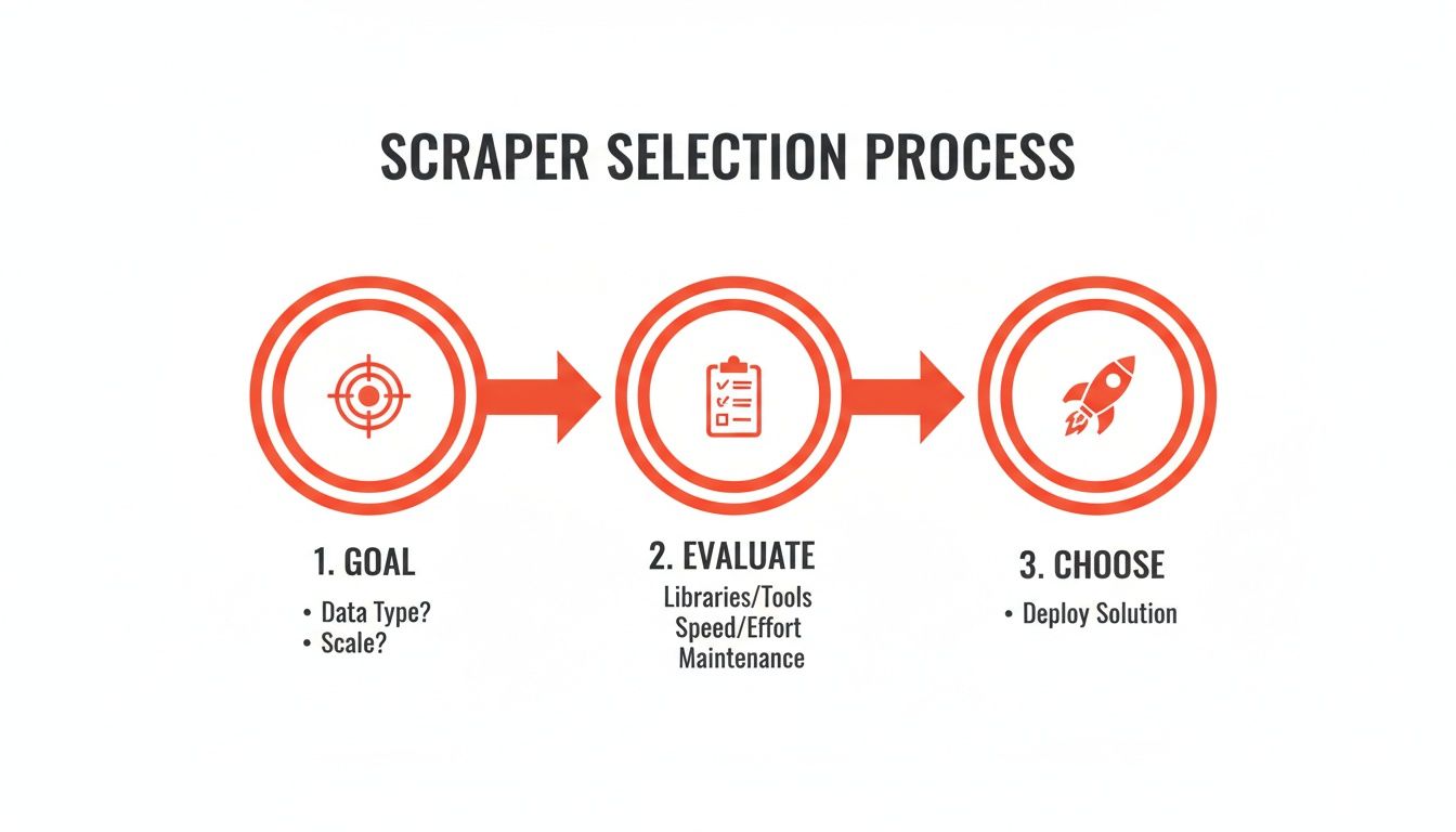A three-step process flowchart for scraper selection, including Goal, Evaluate, and Choose phases.