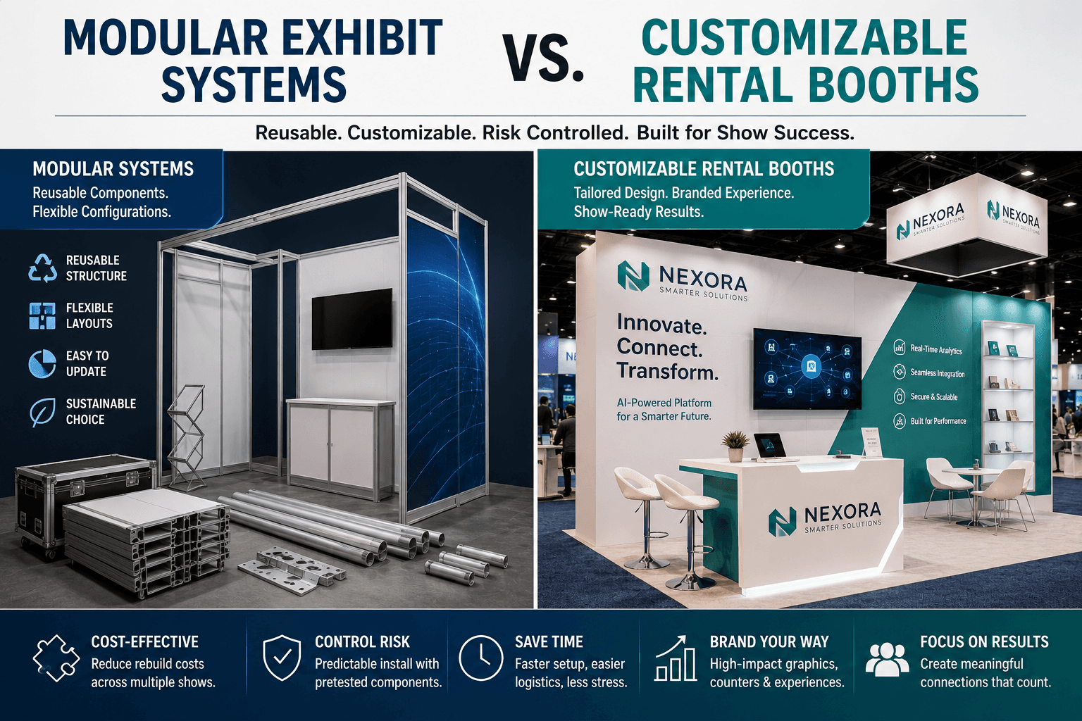 Modular exhibit system and customizable rental booth layout with reusable wall panels, branded graphics, demo counter, storage, and staged installation components
