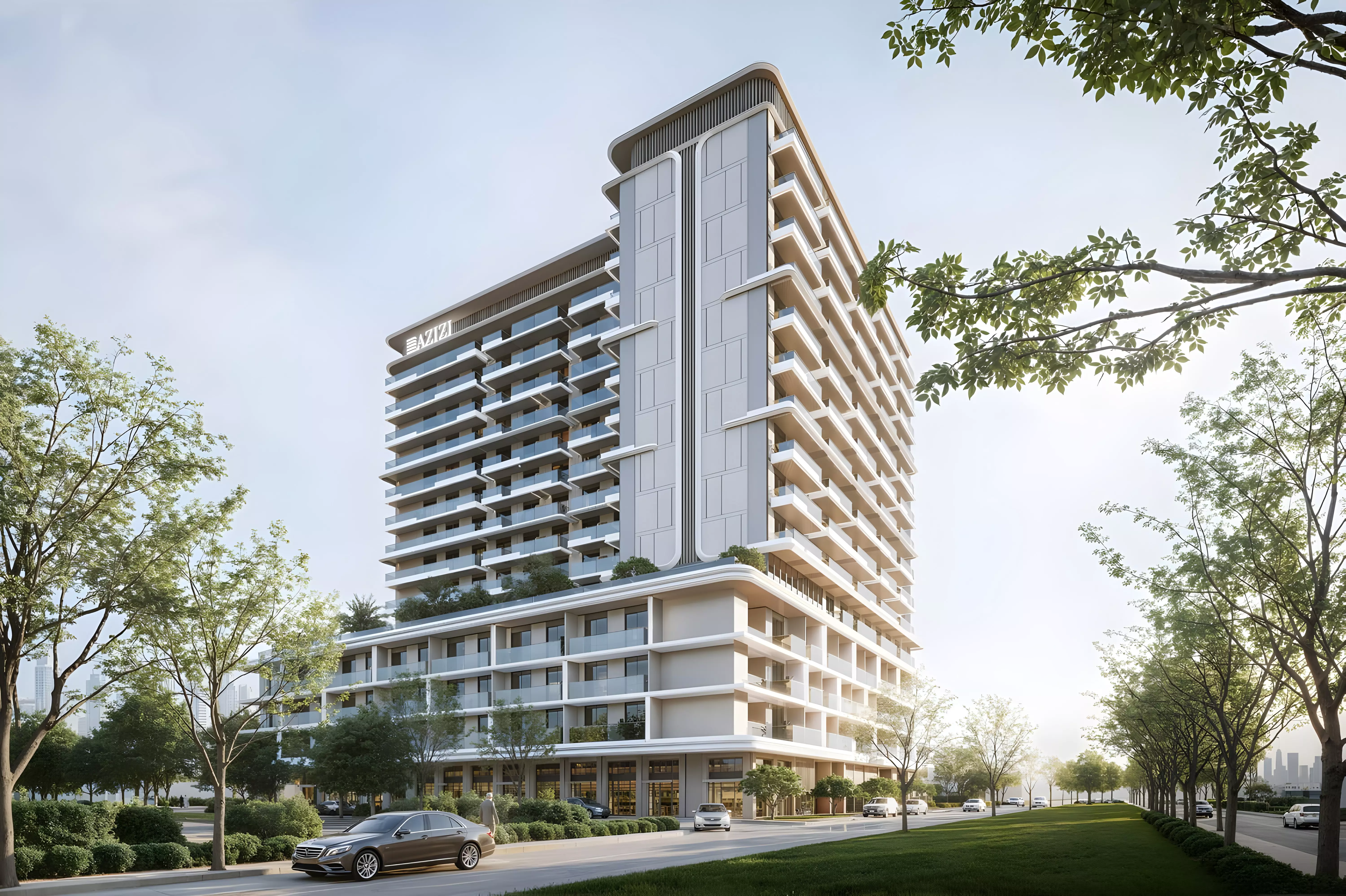 A modern apartment building illustrated by Azizi Noura, featuring a stylish design with large windows and a minimalist facade.