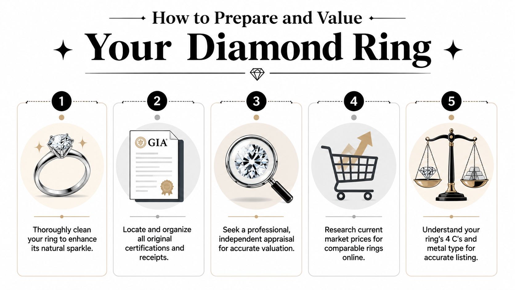 An infographic titled How to Prepare and Value Your Diamond Ring, illustrating five essential steps for sellers.