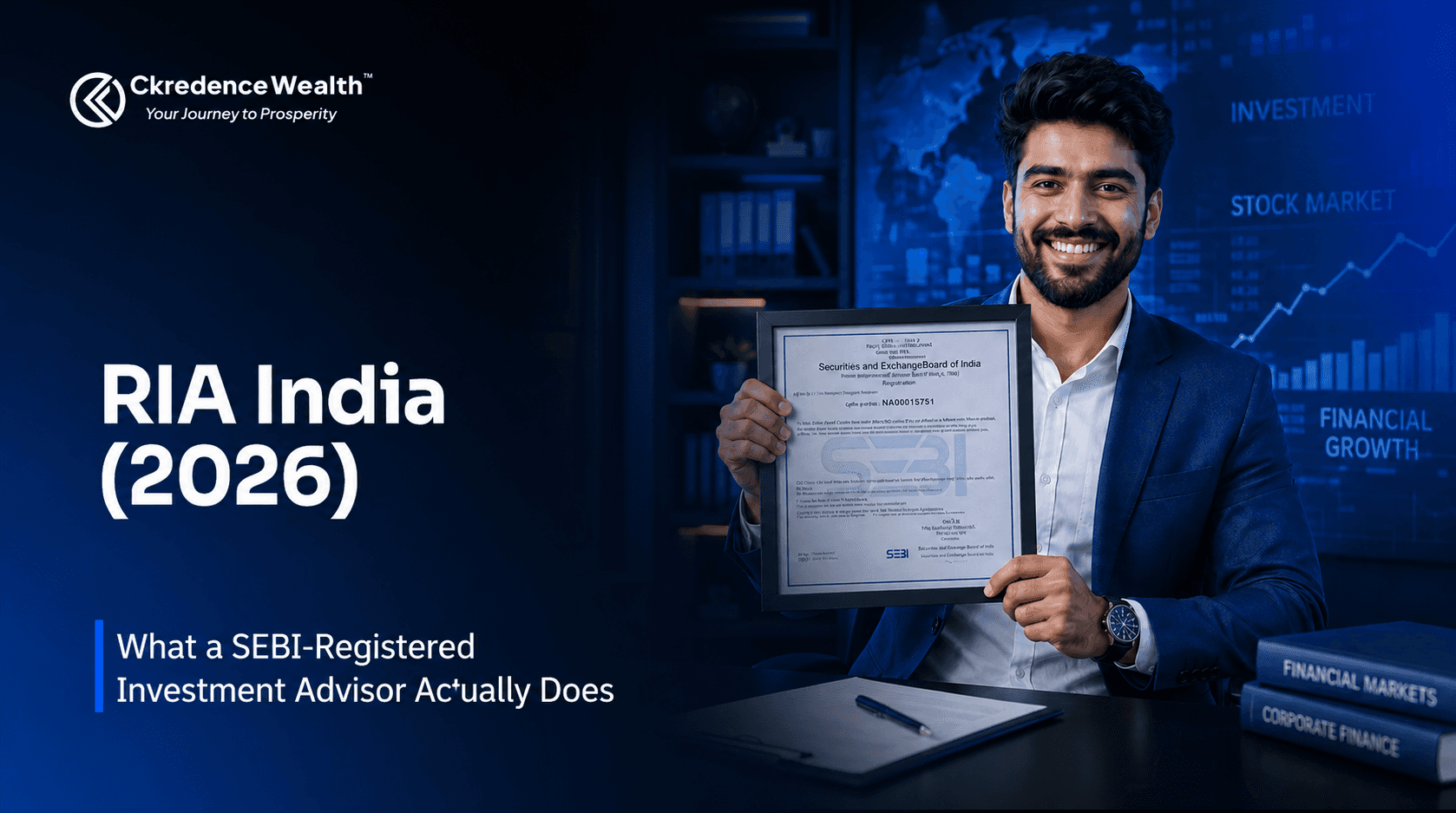 SEBI-registered investment advisor in India holding certification with stock market background for RIA India 2026 guide banner