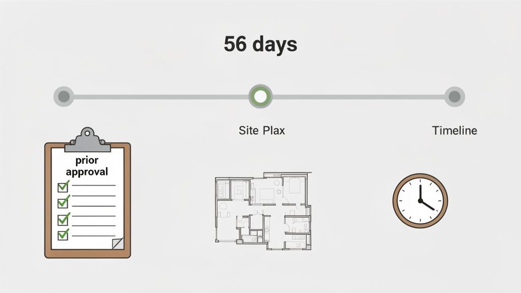 A project timeline illustrating 56 days, with symbols for prior approvals, a site plan, and a clock.