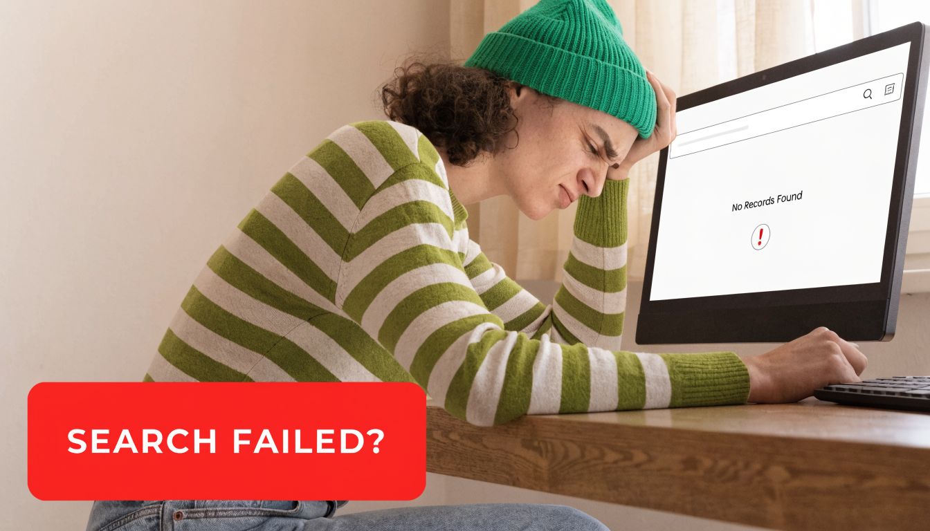 A frustrated person sitting at a desk looking at a computer screen showing no search results found.