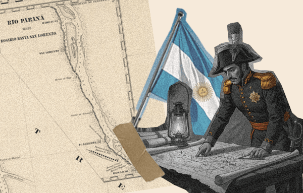 Escena de batalla durante las campañas libertadores, con San Martín y sus oficiales a caballo observando el enfrentamiento desde una colina, rodeados de humo y tropas.