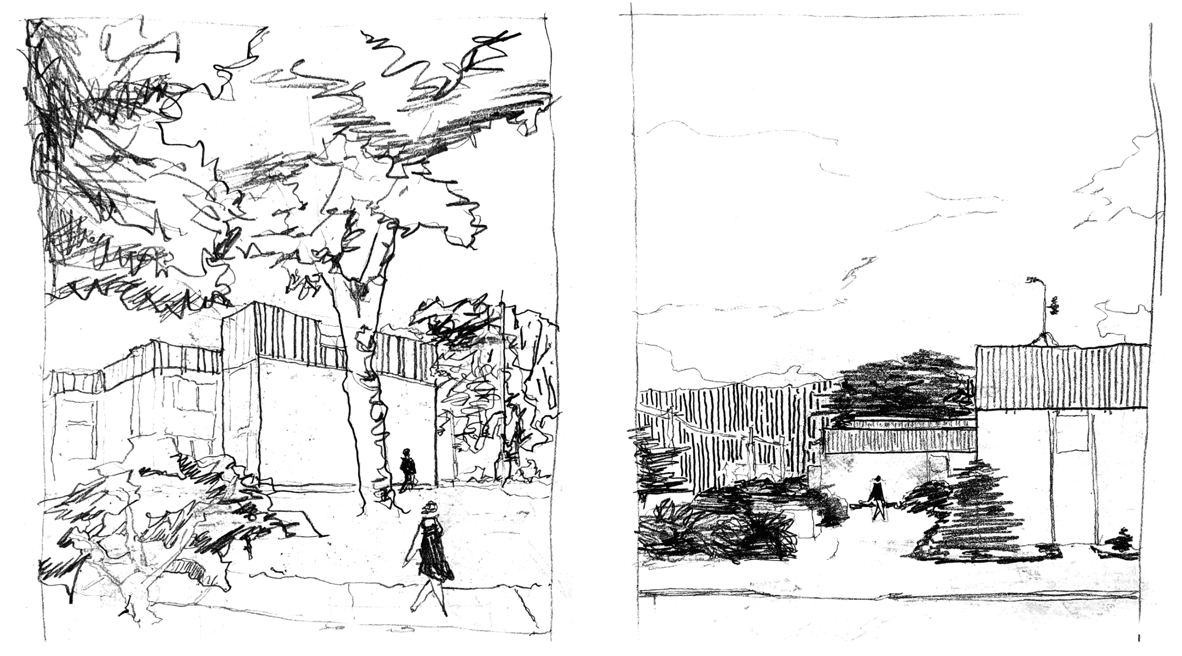 Preliminary sketches of the distant "West Rock" floating behind the existing building in the horizon.
