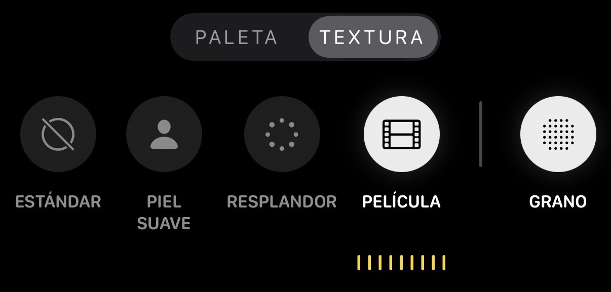 Controles de textura en la app Fotos del iPhone: Estándar, Piel suave, Resplandor, Película y Grano