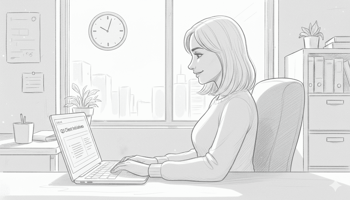 A black and white pencil-style illustration of a woman with shoulder-length hair sitting at a desk in an office. She is smiling slightly while looking at a laptop screen that displays "Q3 Client Initiatives." A large window behind her shows a city skyline and a wall clock.