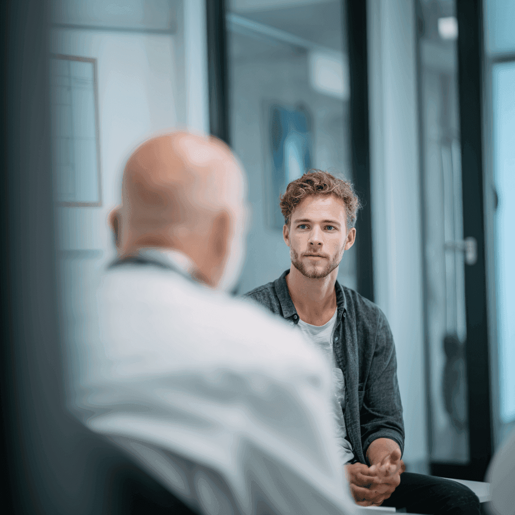 Ein junger locker gekleideter Mann erhält eine Beratung von einem Arzt