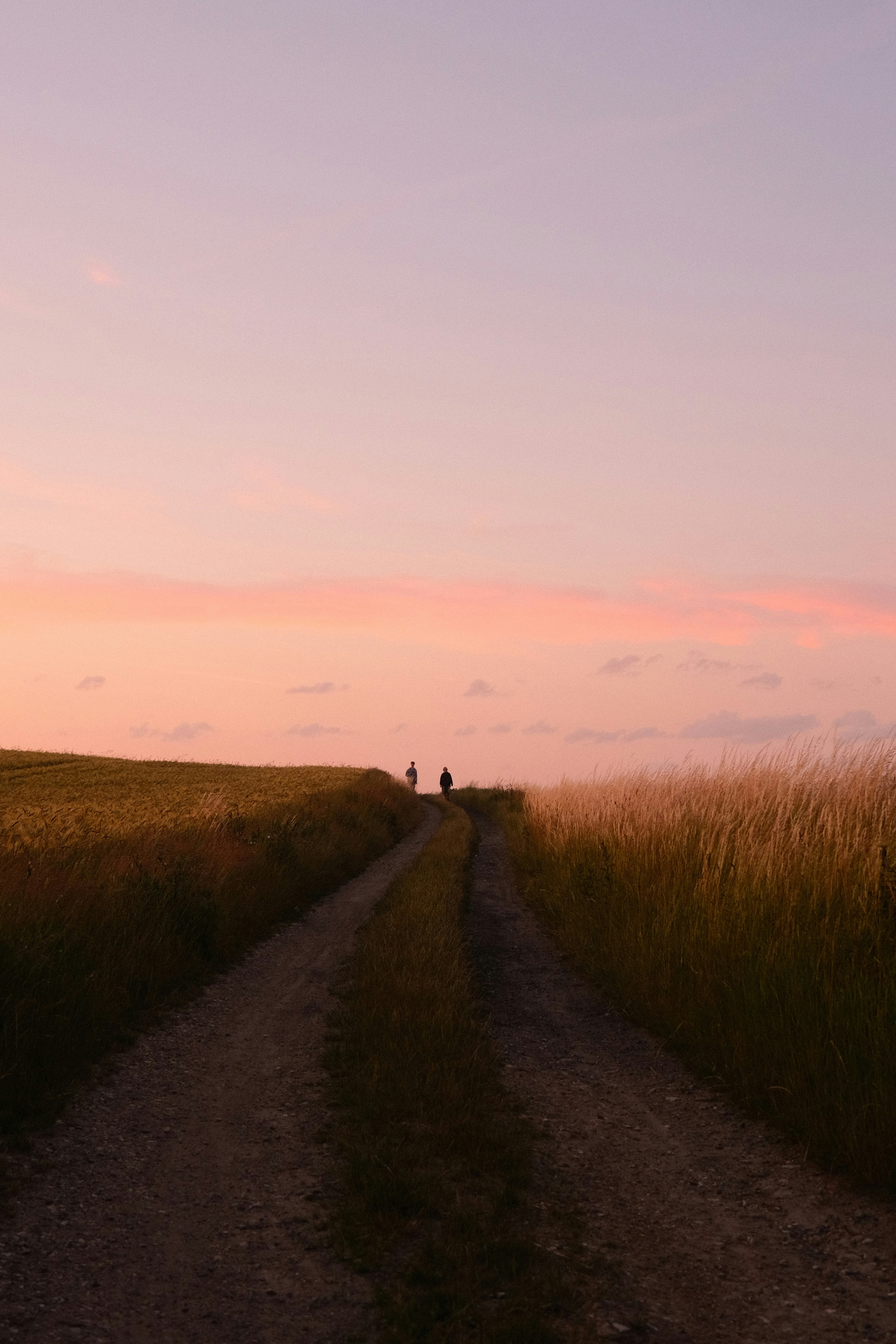 Two figures walk down a dirt road at sunset.
