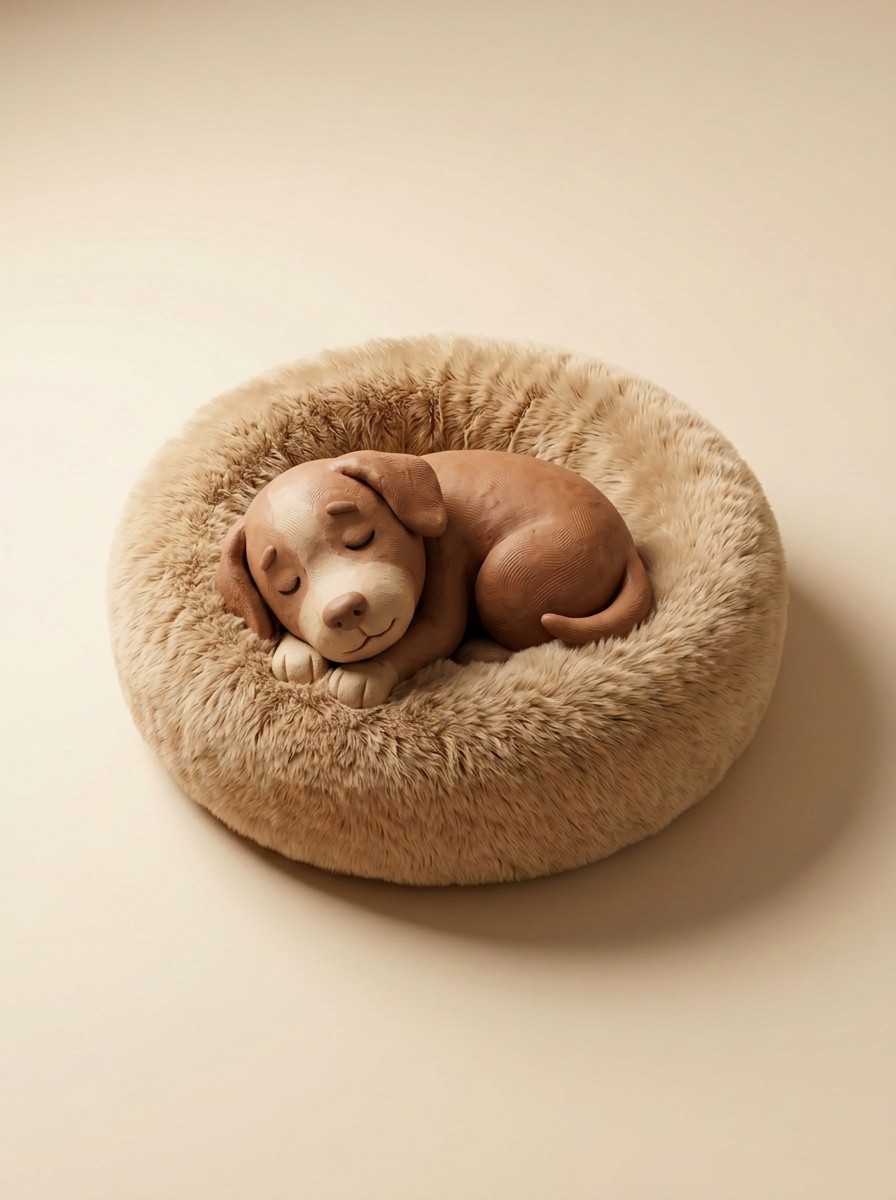 A small terrier mix enjoying a deep sleep on a textured Nuvorie calming blanket in a warm sunlit room