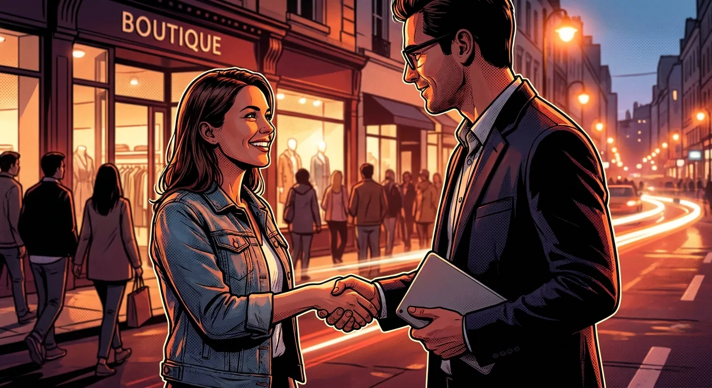 Man and woman shake hands in urban street, promoting RockN' Socials Digital Marketing Agency.