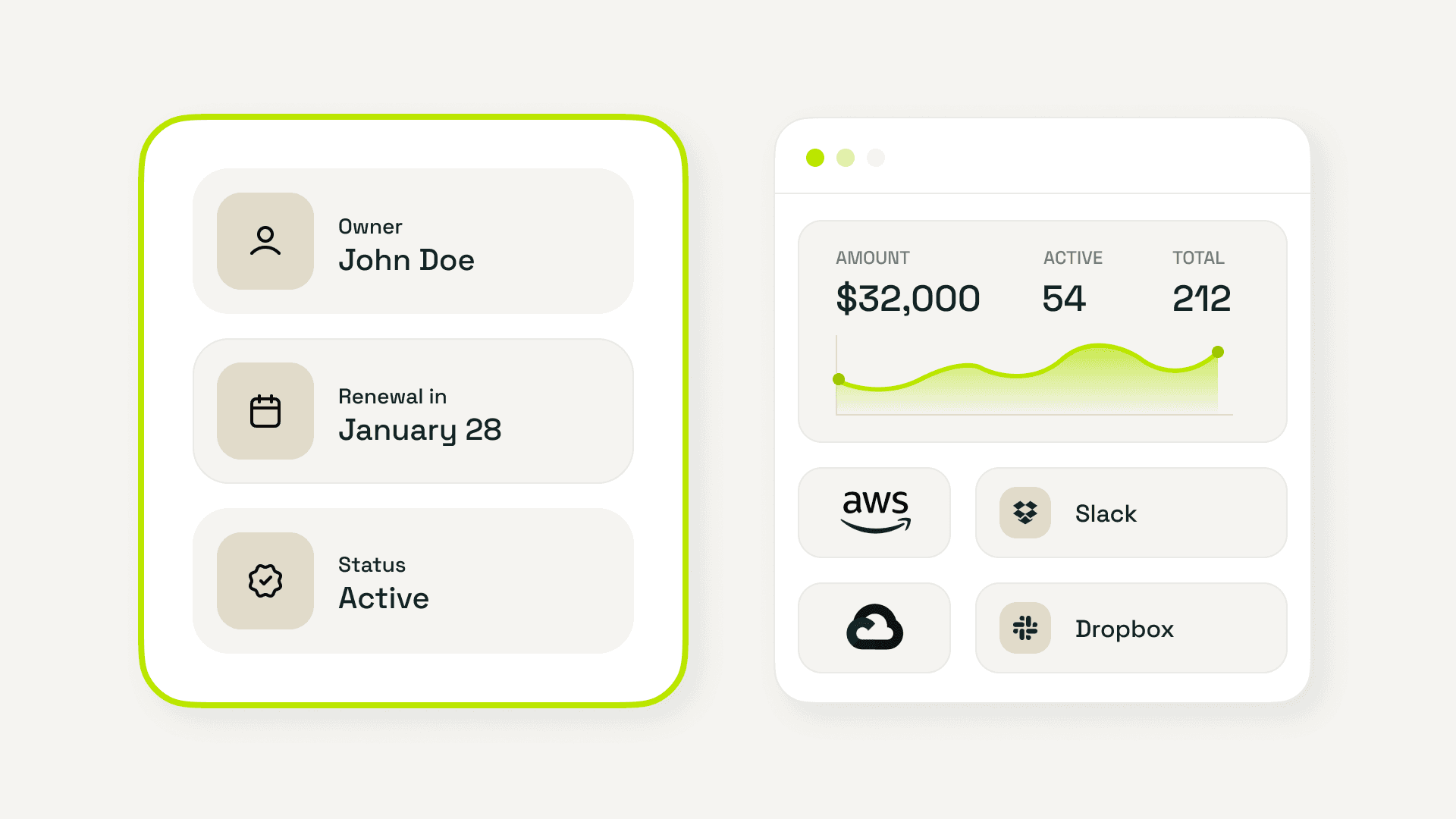 Side-by-side illustration showing a subscription tracking view with owner, renewal date, and status on the left, contrasted with an enterprise dashboard displaying total spend, active apps, and multiple SaaS tools on the right.