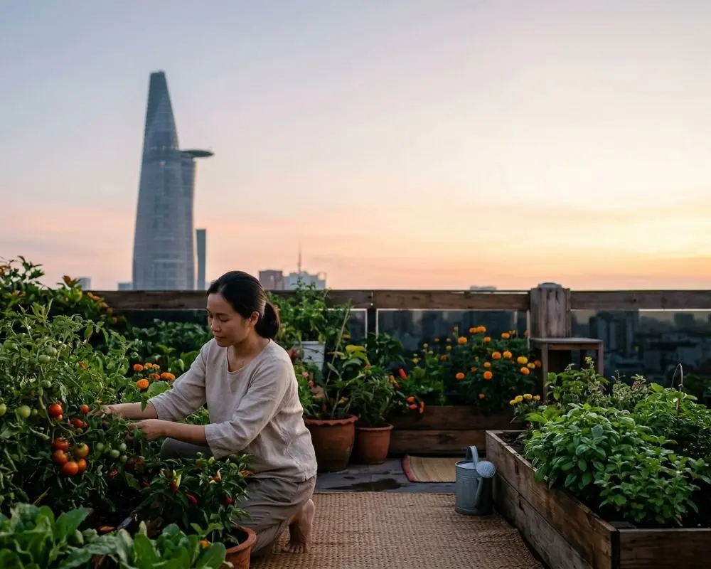 A Vietnamese woman kneeling and mindfully harvesting tomatoes in a lush rooftop garden in District 2, HCMC, at sunset. The Bitexco Financial Tower is softly visible in the distant skyline. The image represents personal growth, resilience, and the 'peace within the chaos' of the city, symbolizing a restorative individual therapy environment.
