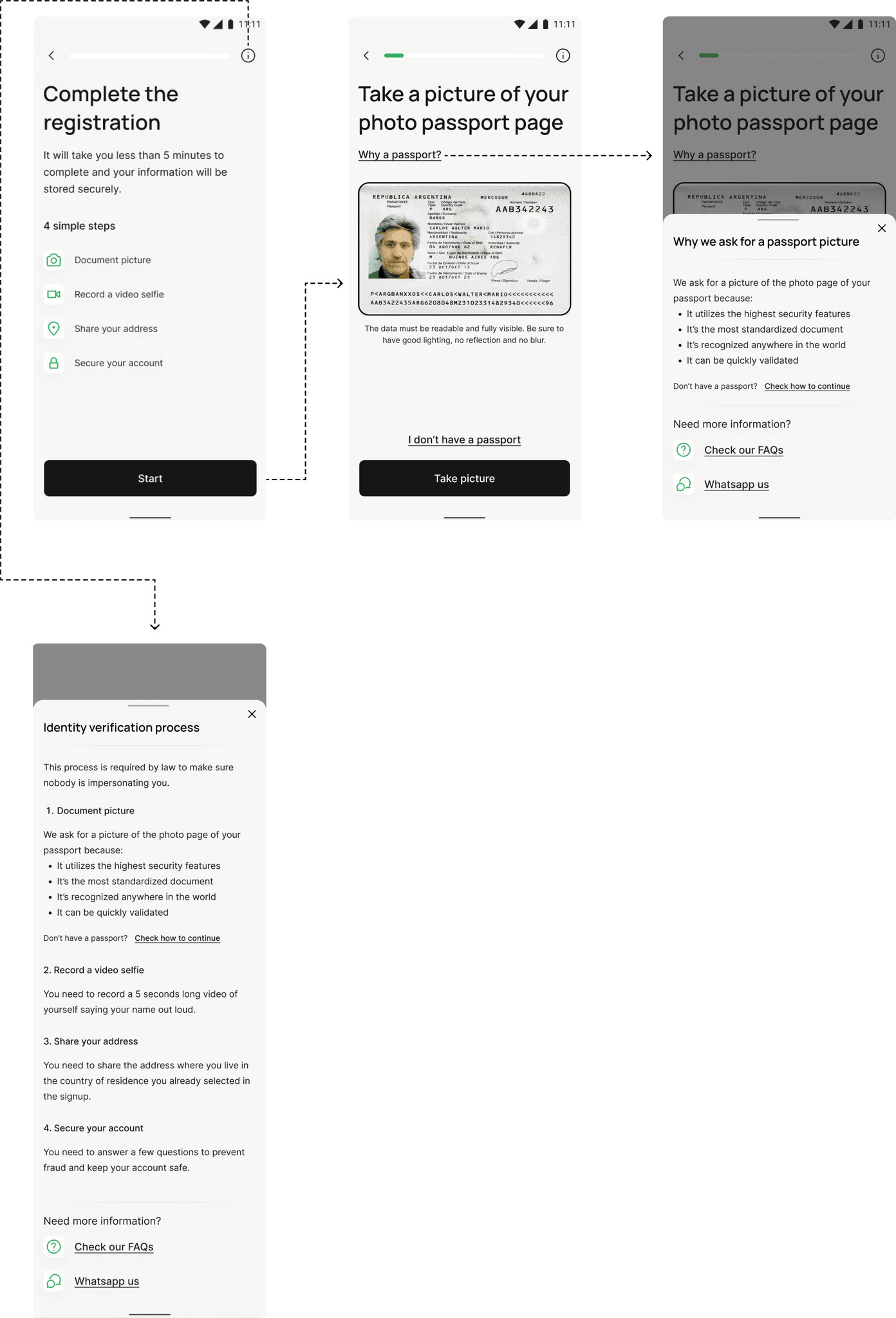 Screens showcasing how additional information was added to build trust in the KYC passport picture process.