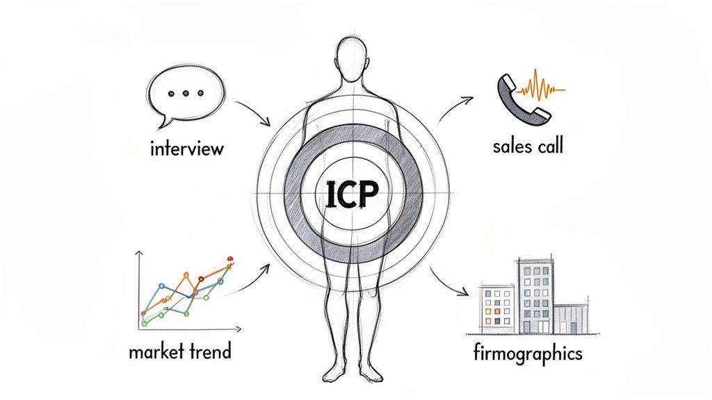 Diagram showing an Ideal Customer Profile (ICP) at the center, surrounded by data sources like interviews, sales calls, market trends, and firmographics.