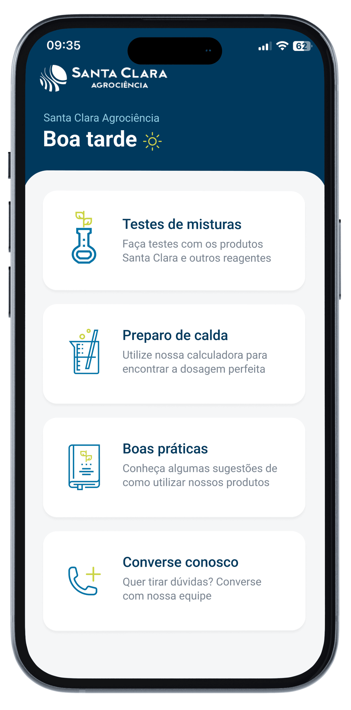 Celular com o app Santa Clara Agrociência na tela home