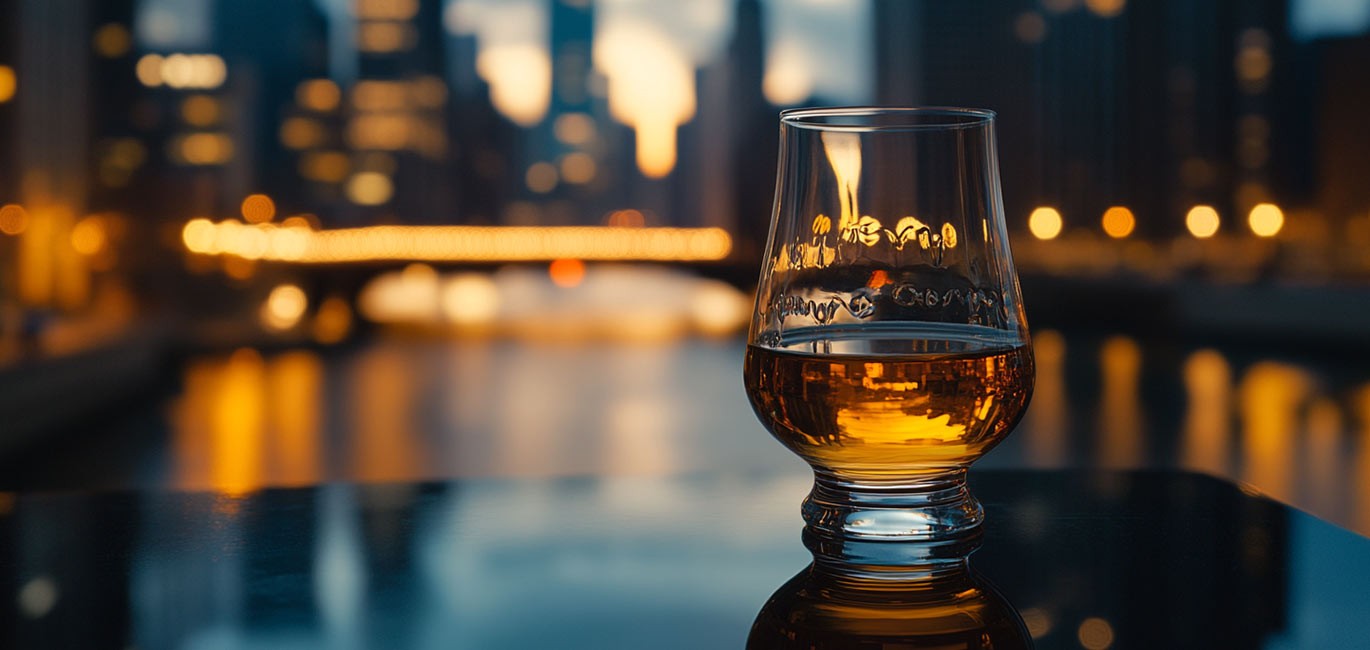 whiskey glasses on table at whiskey tasting in the city of chicago