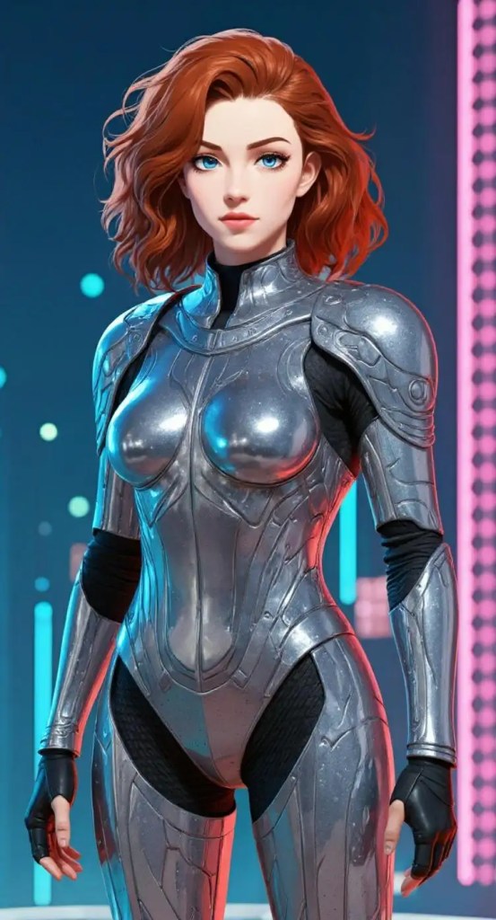 Anime sci-fi female warrior in silver armor, glowing cityscape, created using AI body generator.