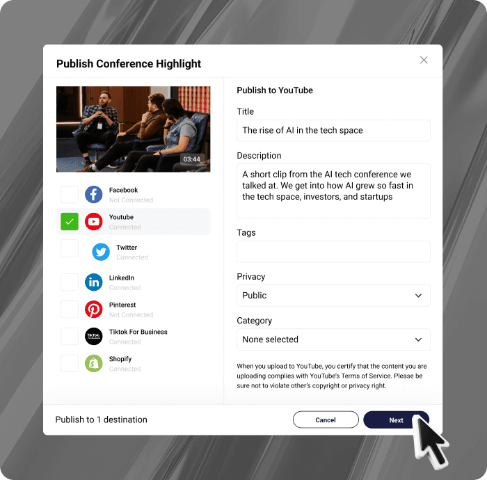 How it works image, showcasing that you can publish clips straight from edit on the spot
