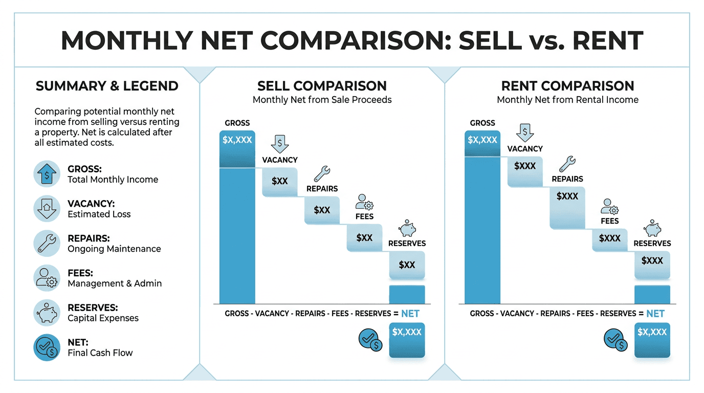 Side-by-side infographic comparing monthly net figures for Sell versus Rent with labeled line items for vacancy, repairs, management fees, reserves, grouped bar charts, and a simple cash-flow formula beneath each column; clean geometric layout using the brand blue accents and dark text on a white background. 