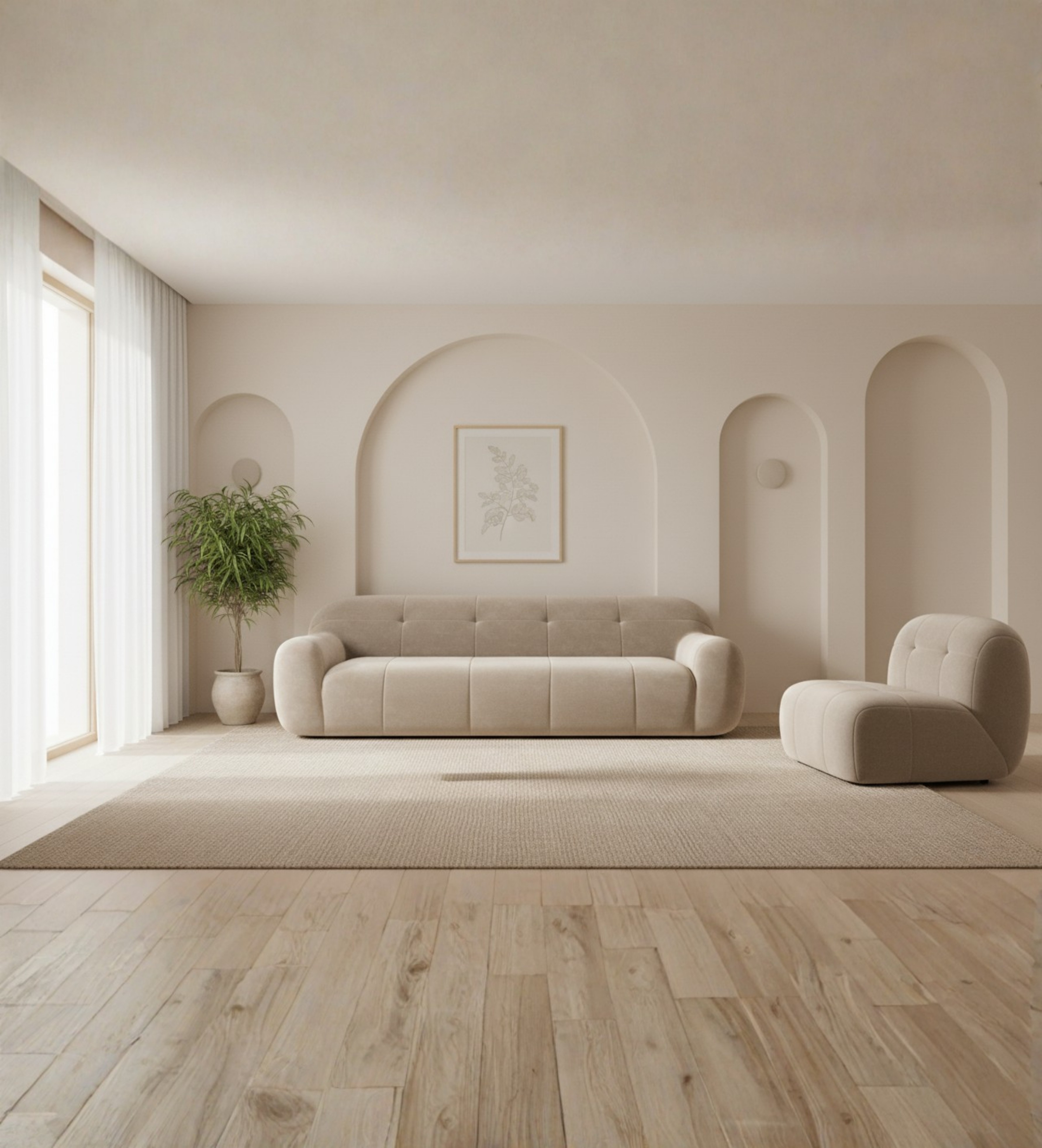 Plush taupe sofa with seamless sculptural curves.