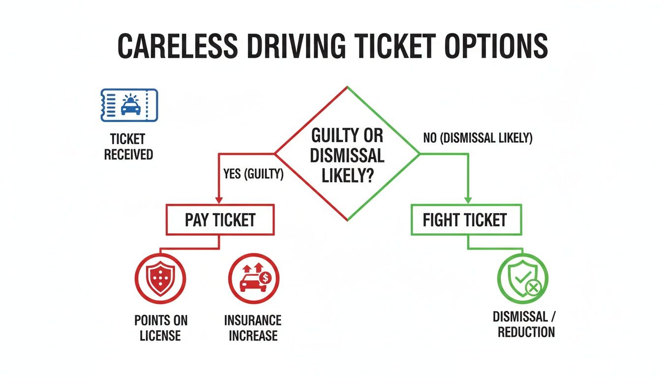 Flowchart illustrating careless driving ticket options: pay ticket (points, insurance increase) or fight ticket (dismissal/reduction).