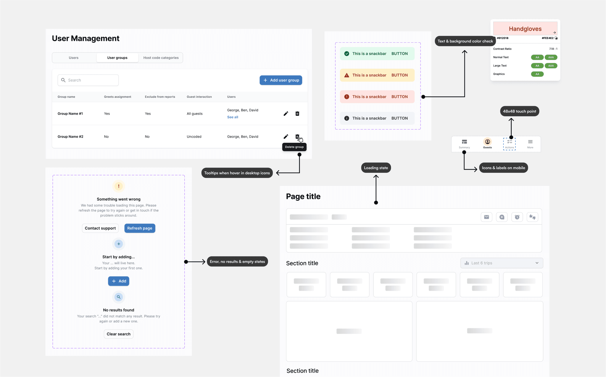 Image highlighting accessibility-focused elements, including color contrast, tooltips, and various screen states like loading and empty states.