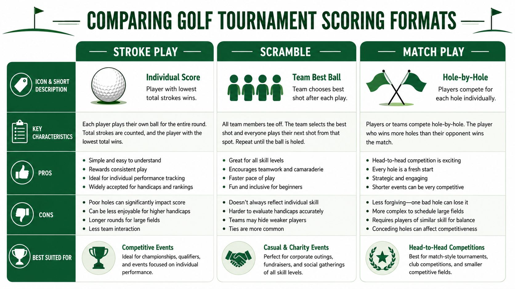 A comparison chart outlining the rules, pros, cons, and best uses for stroke play, scramble, and match play golf formats.