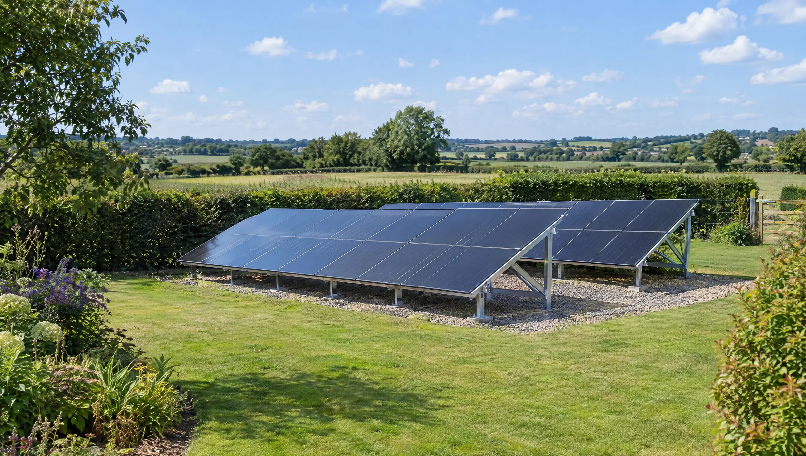 A ground-mounted solar array at the end of a large rural garden