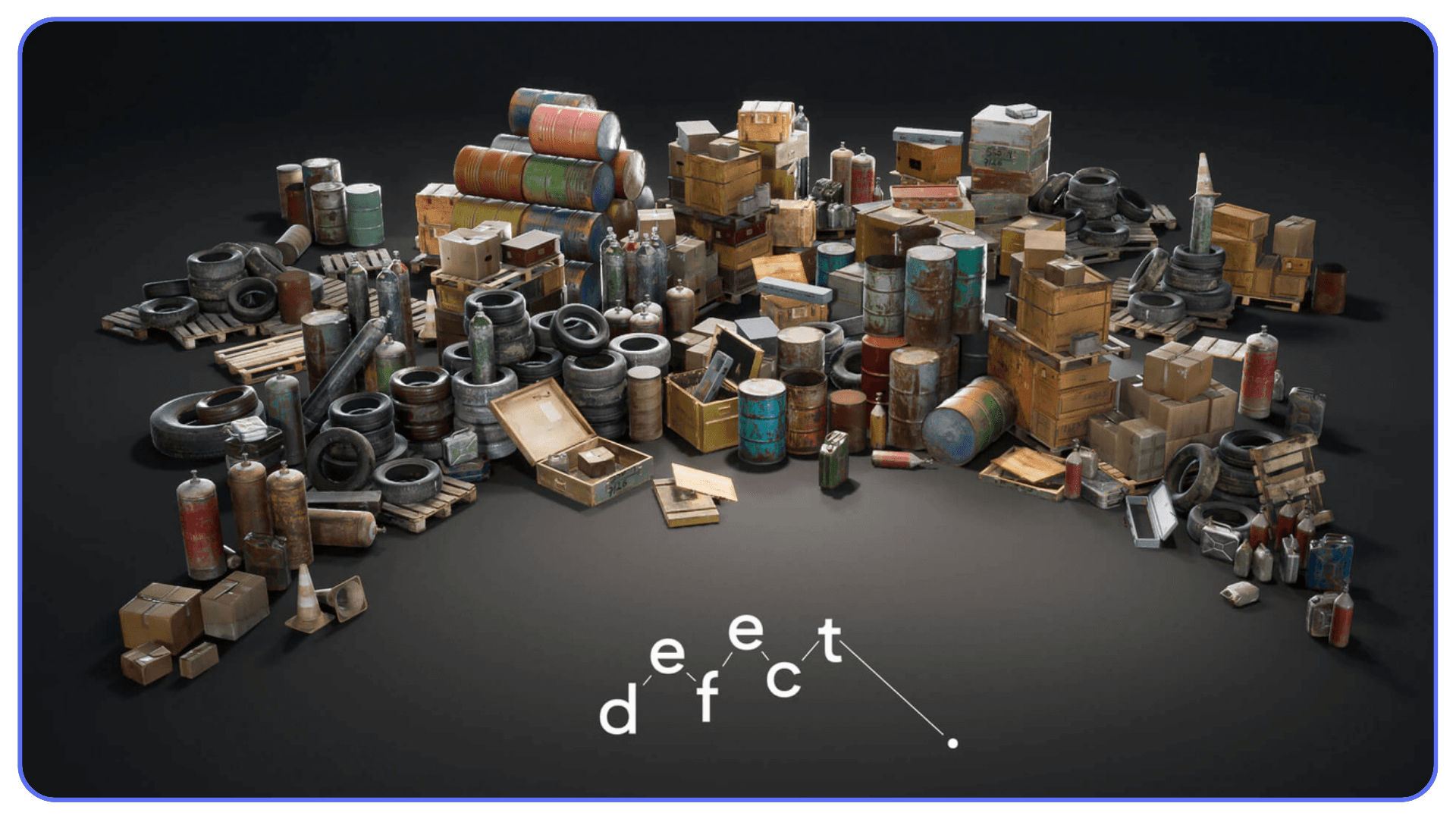 Large collection of junkyard props including barrels, crates, tires, and scrap metal arranged in a studio render.