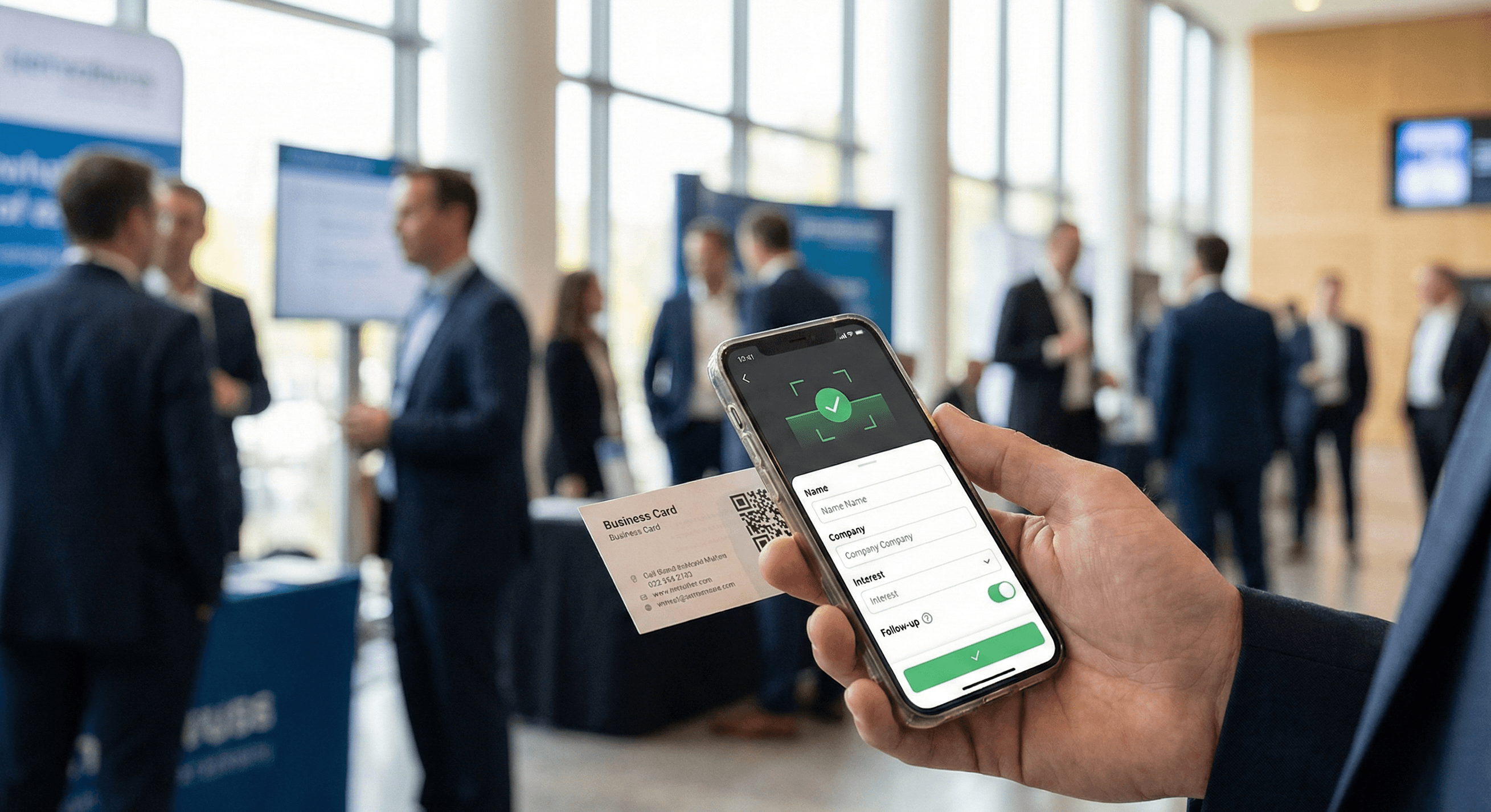 Professional scanning a business card and QR badge using a mobile lead capture app during a networking event