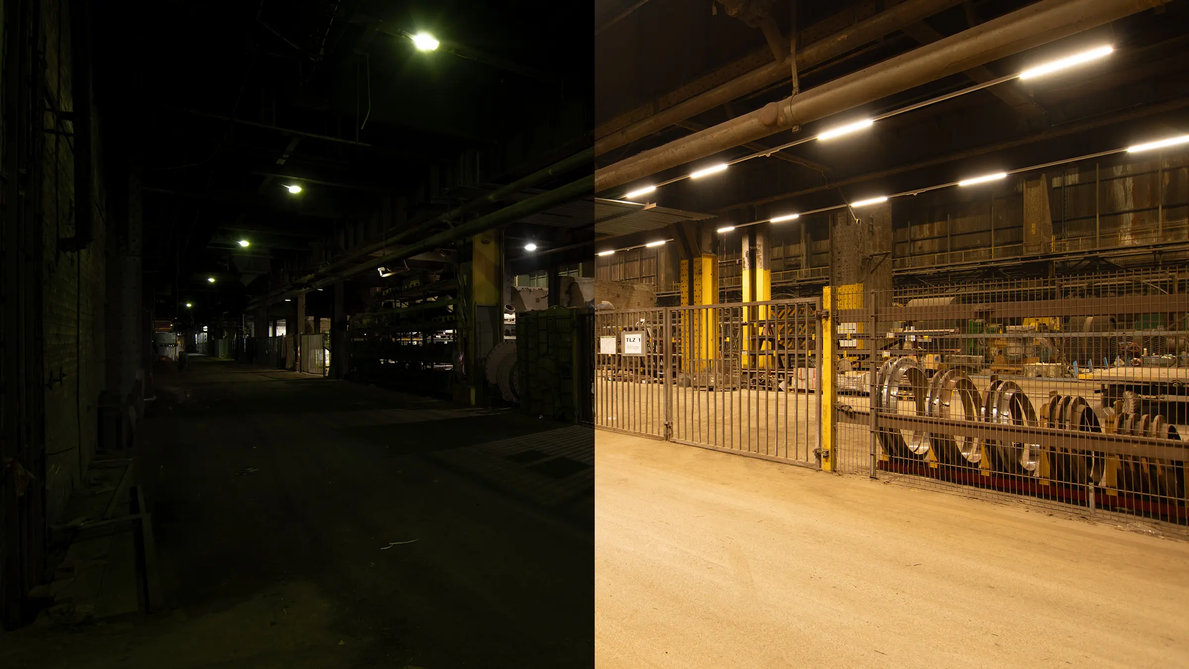 Produktionshalle mit optimierter LED-Beleuchtung von CONLED – helleres, gleichmäßigeres Licht im Vergleich zur alten Beleuchtung