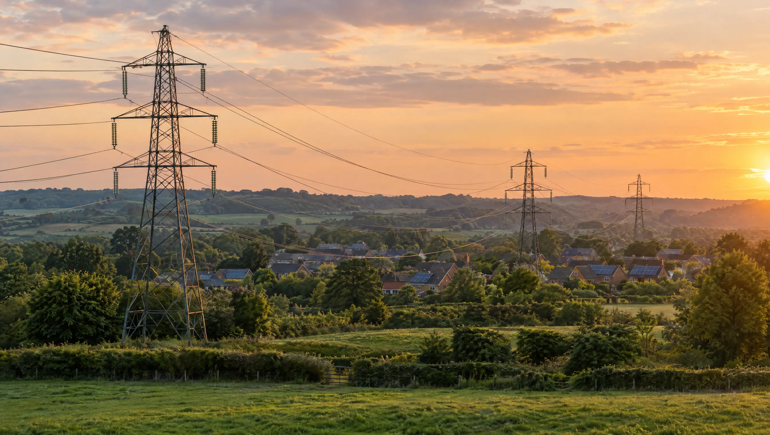 Overhead power lines crossing the countryside towards a village with rooftop solar