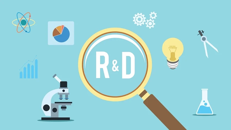 Magnifying glass highlighting “R&D” surrounded by icons of science and innovation on a light blue background.