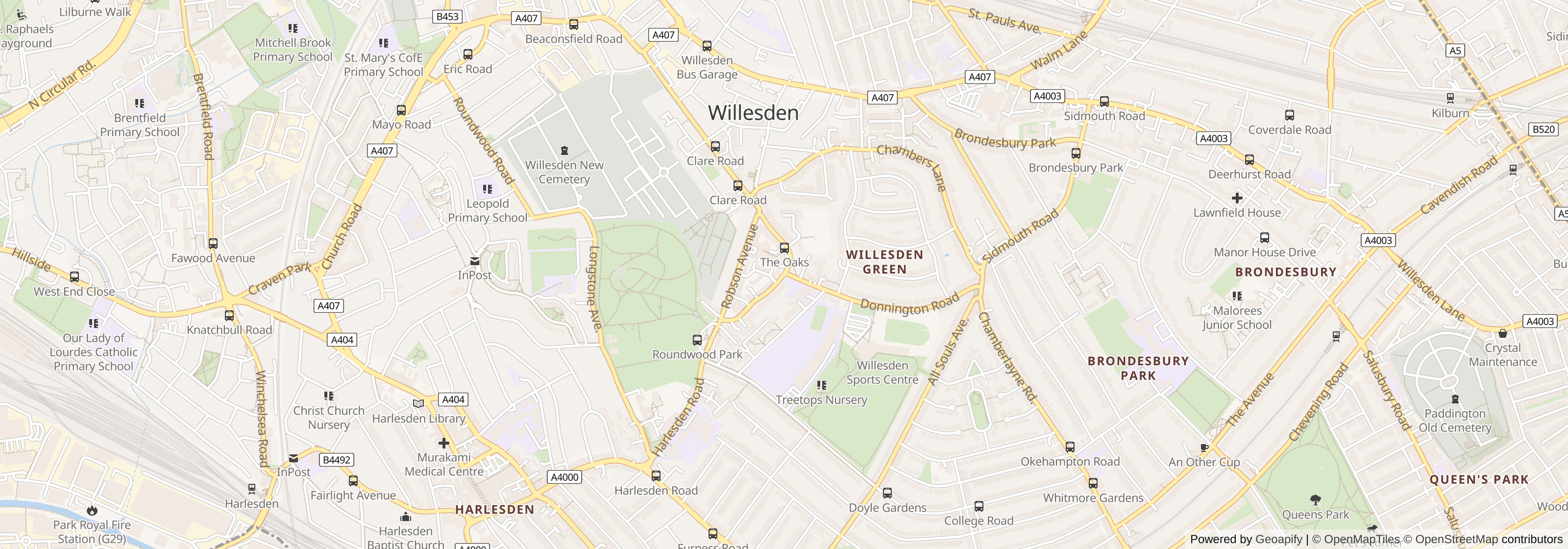 Street map of Harlesden, Brent, London showing local roads and surrounding areas