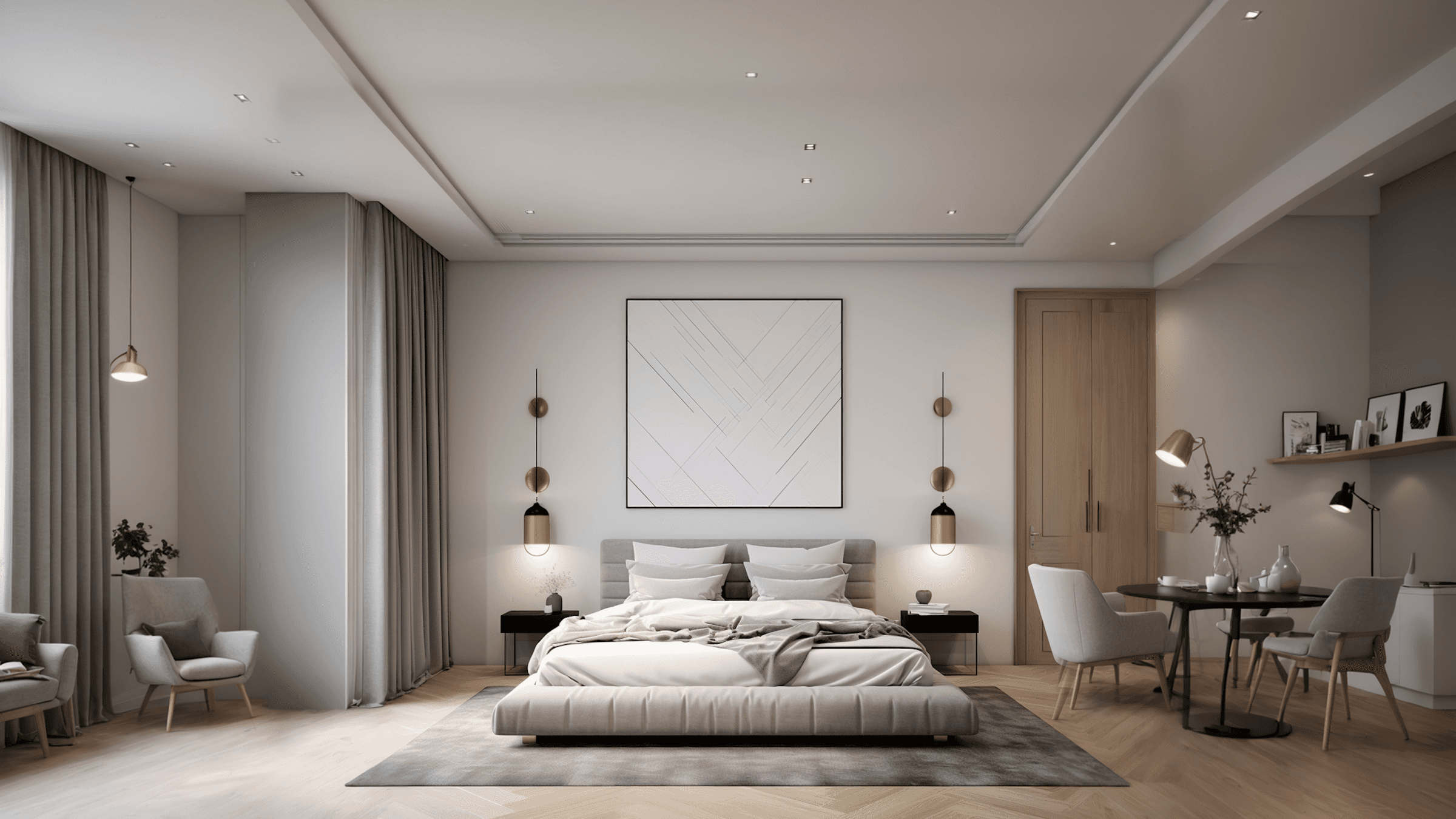 Modern bedroom with minimalistic decor, large bed, soft lighting, and neutral color palette.