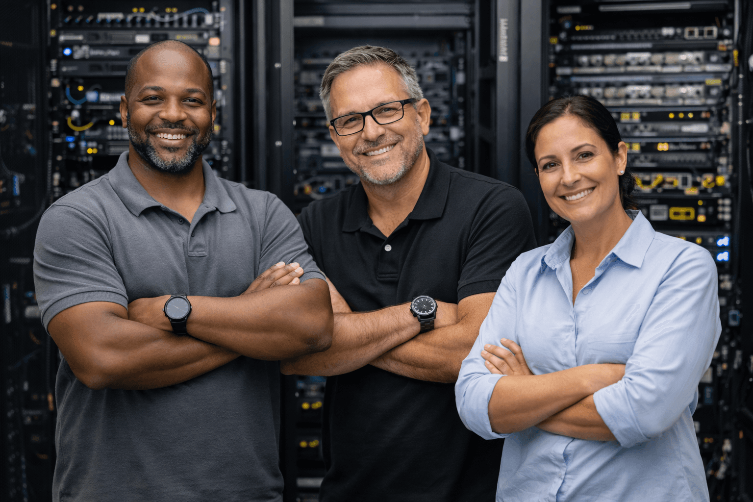 Two men sitting and discussing work, one holding a laptop, against a wooden wall.
