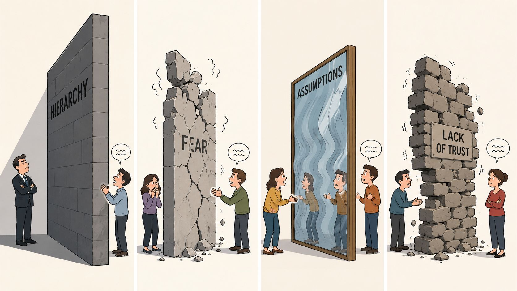 A conceptual illustration showing four barriers of communication: hierarchy, fear, assumptions, and lack of trust.