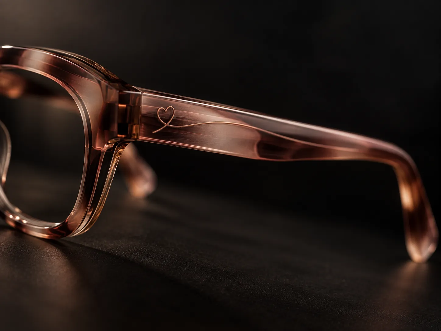 Dettaglio macro dell’asta di un occhiale IDIA in acetato traslucido rosa con incisione grafica personalizzata a forma di cuore. Le montature su misura IDIA di Ottica Dentella ad Ancona possono essere personalizzate con incisioni grafiche realizzate direttamente sull’occhiale, trasformando un piccolo dettaglio in un elemento distintivo e personale.