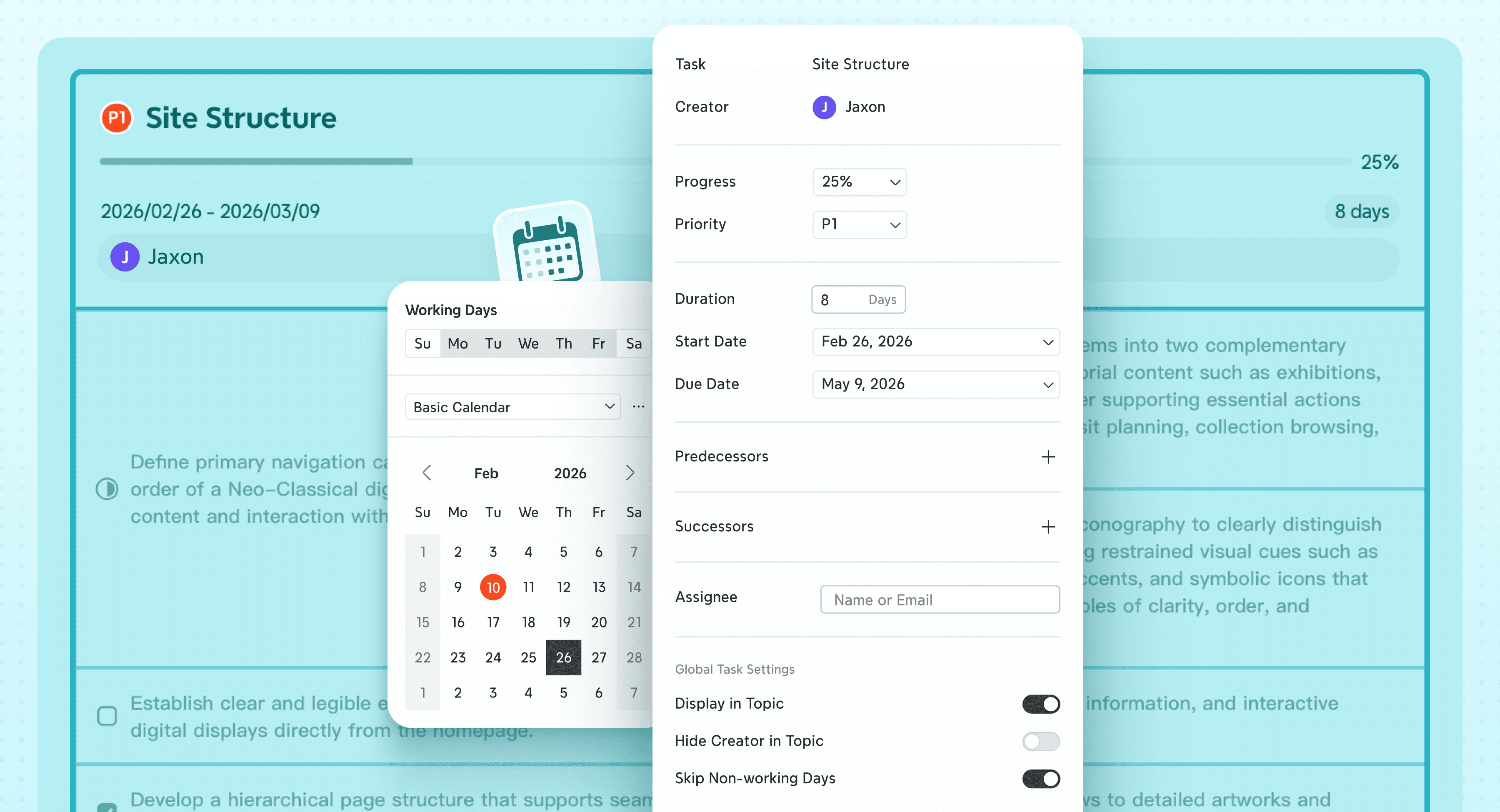 Xmind task management panel displaying project details including progress tracking, priority settings, start/due dates, and assignee options.
