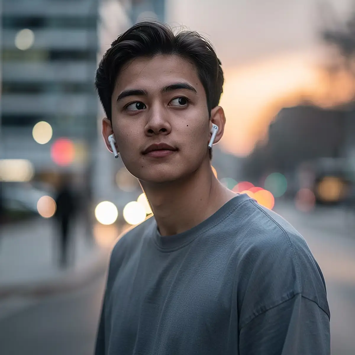 Person wearing earbuds standing on a city street at dusk, with traffic lights blurred in the background