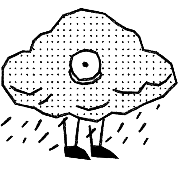 A cloud with legs and an eye, raining down