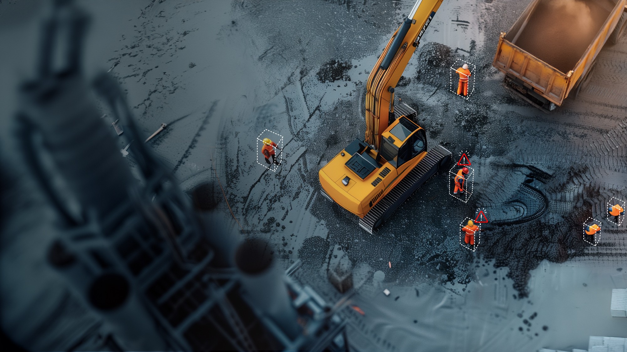 Construction site with object detection markers around workers